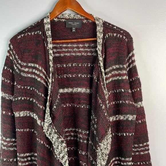 ROMEO & JULIET Open Cardigan Burgundy Grey White Mix Draped Knit Bohemian Size M - Picture 3 of 10